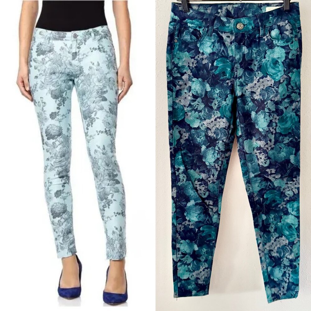 BUFFALO Gibson Floral Printed Mid-Rise Skinny Jeans Women's Size 0 Blue Metallic